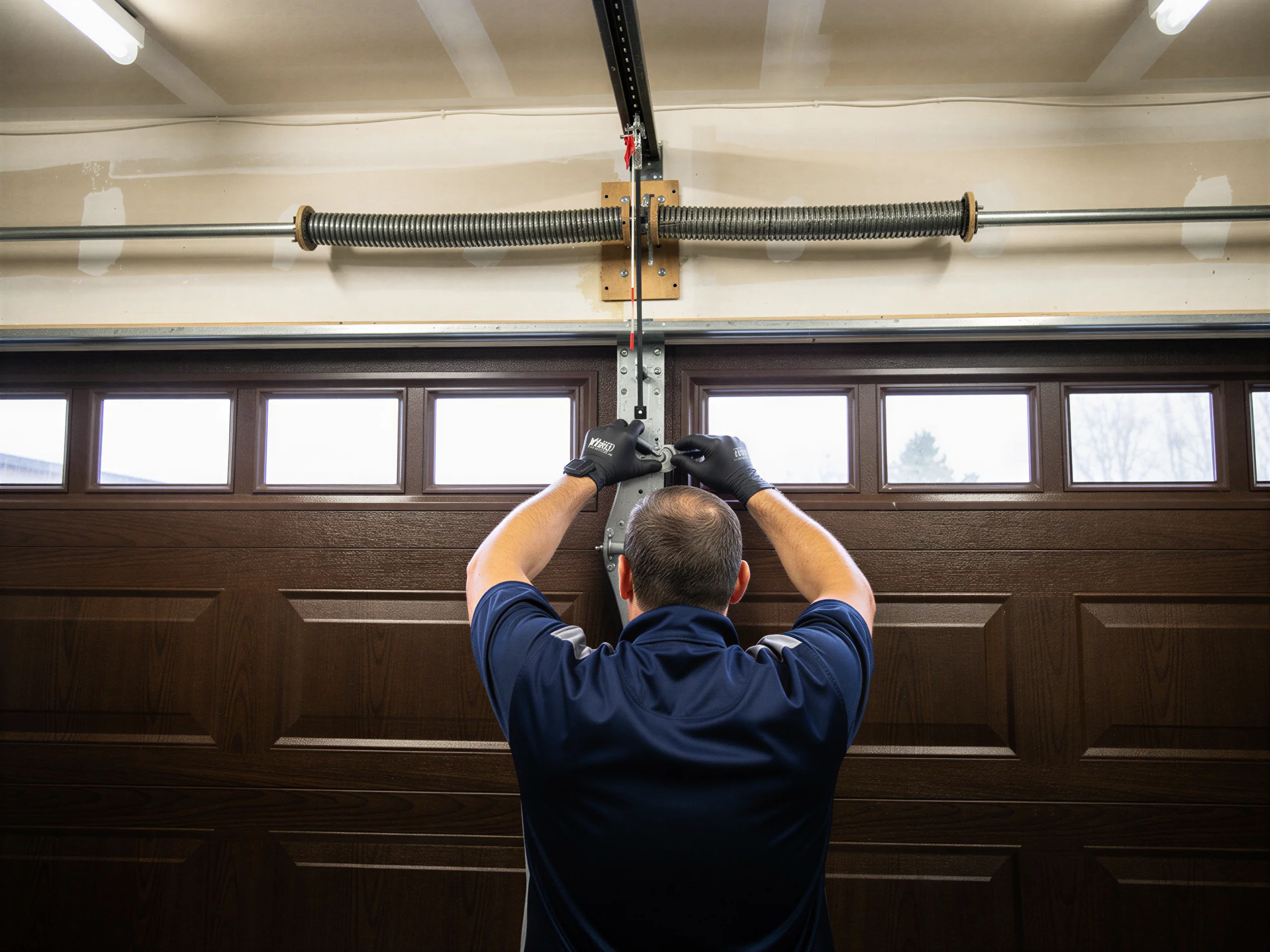 A technician works on a brown garage door with windows and a torsion spring.