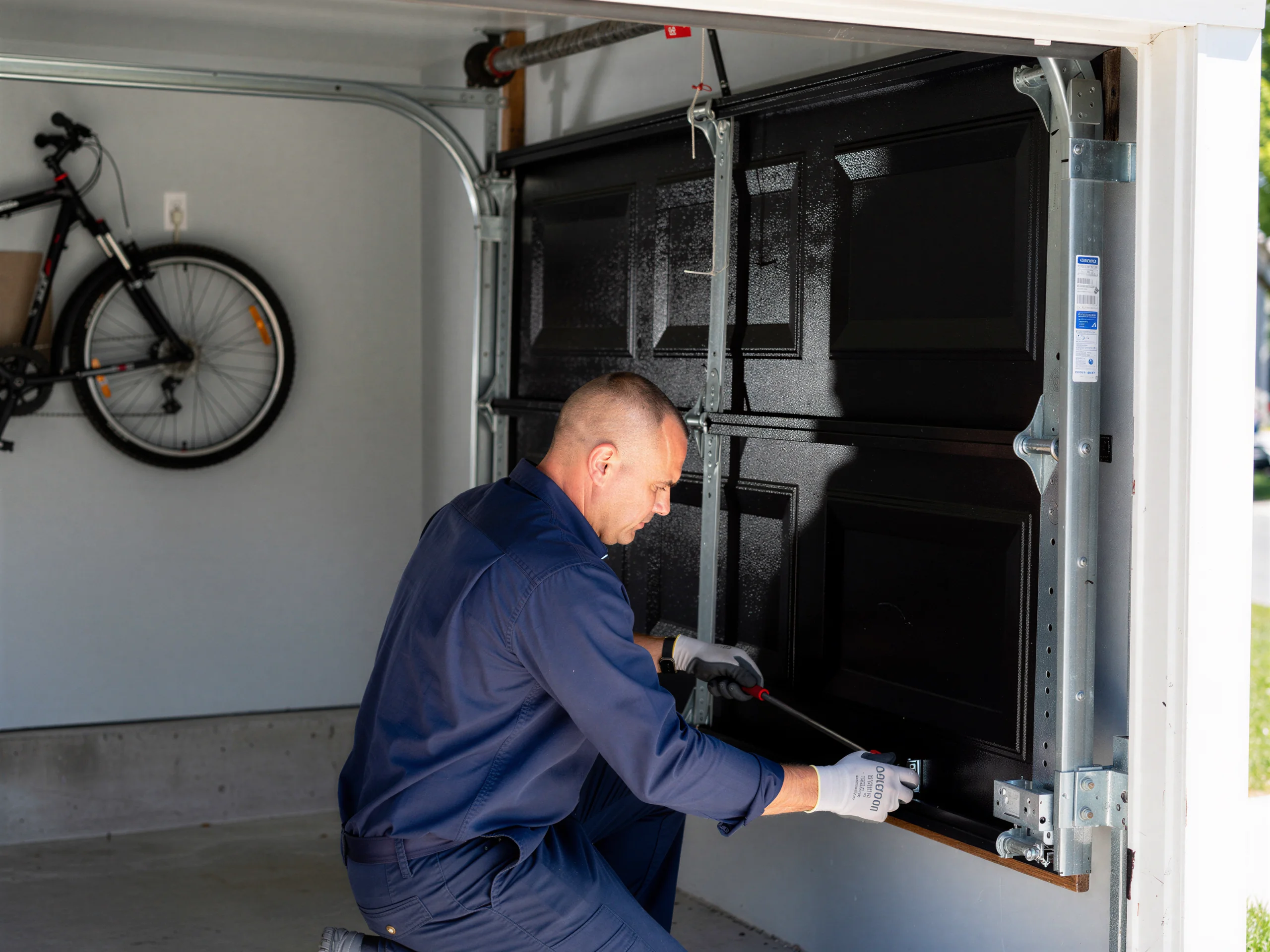 A technician in a blue uniform is repairing a black garage door.