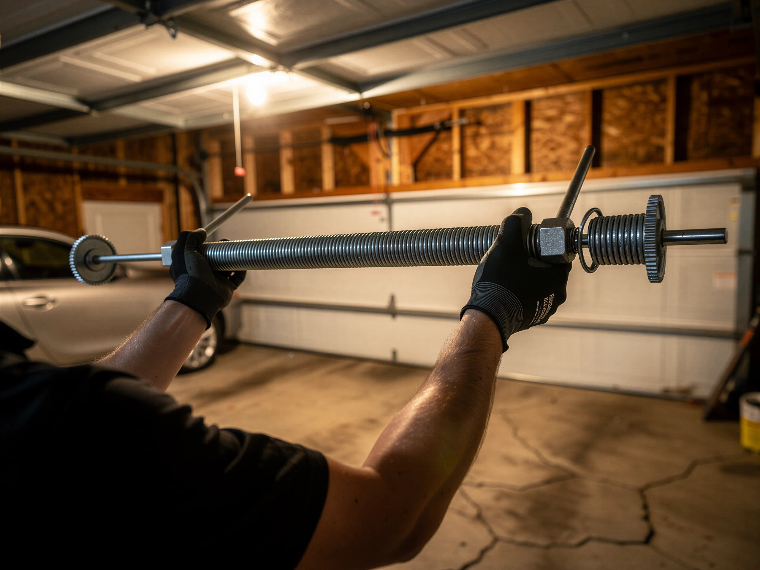 A technician wearing gloves holds a torsion spring in a garage.