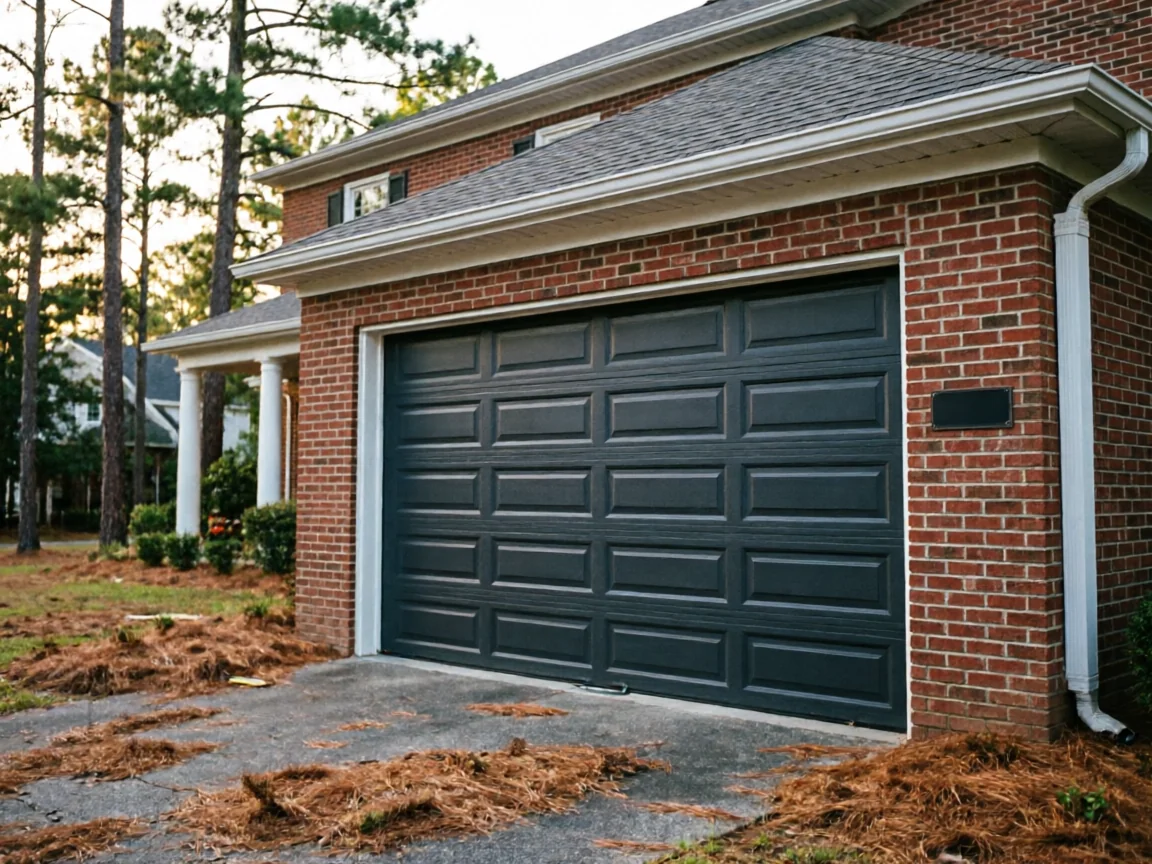 A dark gray garage door on a brick house with pine straw on the driveway.